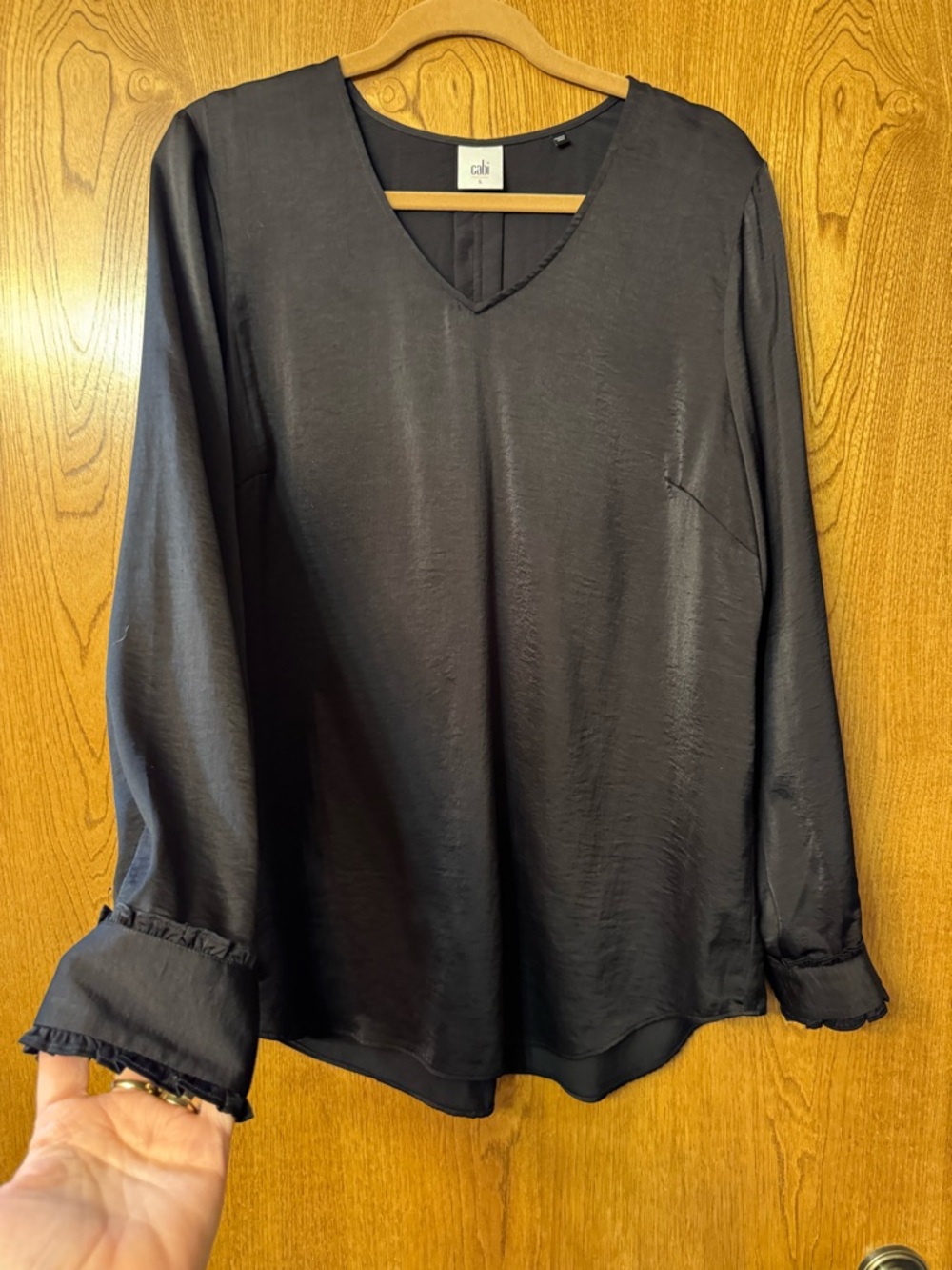 CAbi Black Satin V-Neck Long Sleeve Blouse with Fluted Cuffs